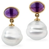 South Sea Circle Pearl and Genuine Amethyst Earrings 7 x 5mm 11mm Ref 521152